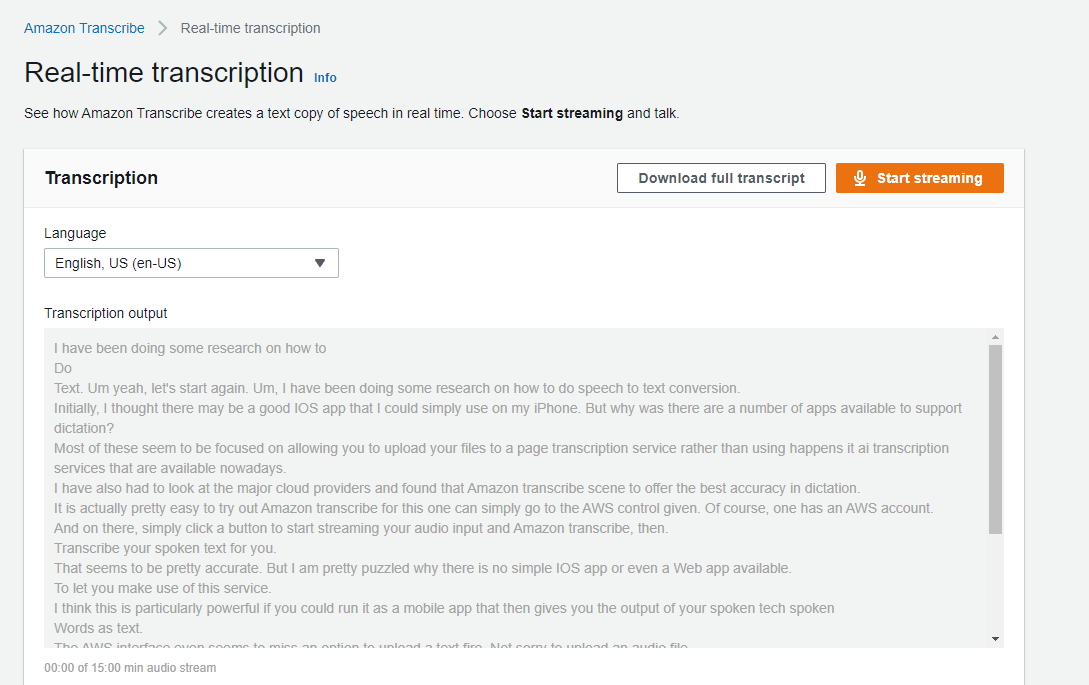 UI of Amazon Transcribe Web Interface